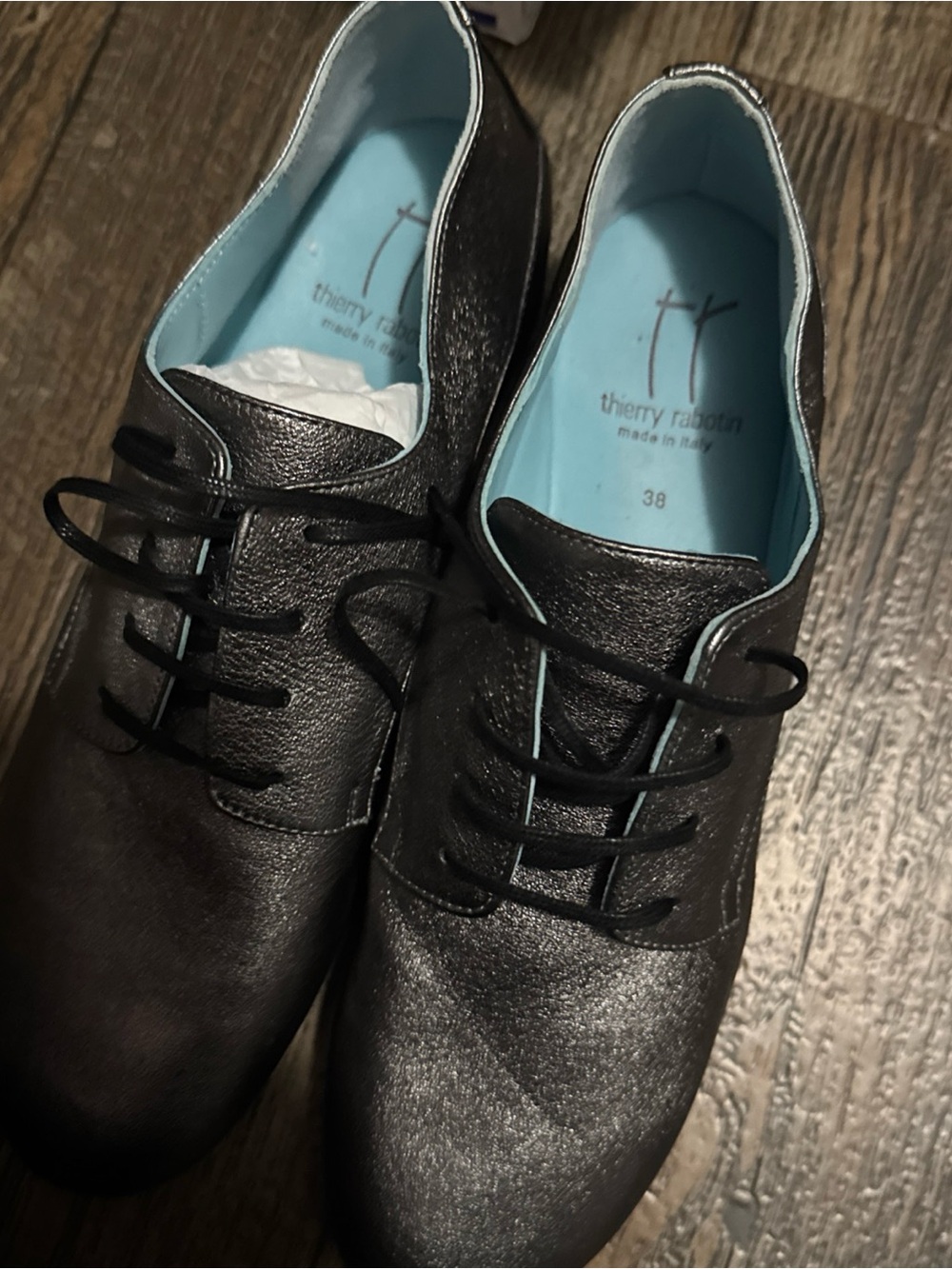 Thierry Rabotin Black Leather Lace-Up Oxfords with Light Blue Insole